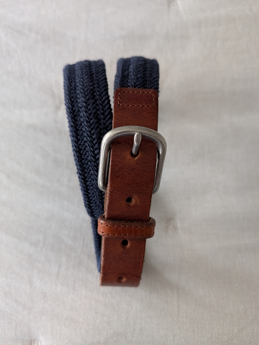 Boys JCrew/Crewcuts Navy Knit Belt with Brown Leather Trim